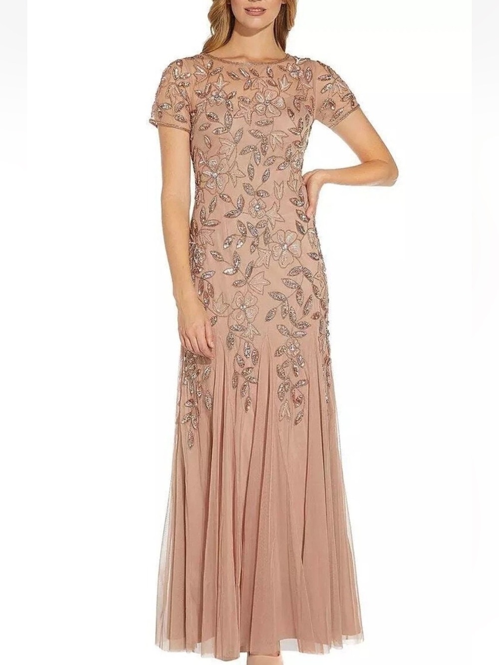Adrianna Papell Rose Blush Embellished Short-Sleeve Maxi Gown